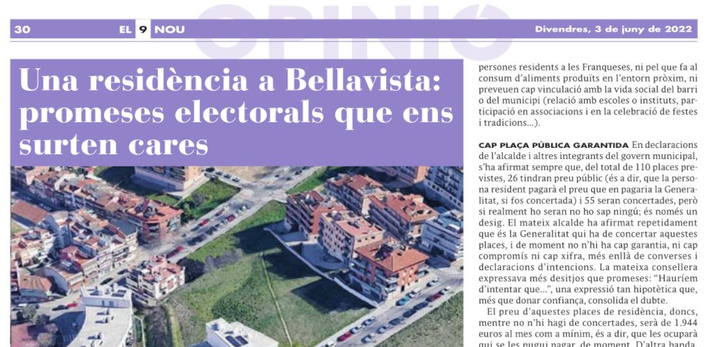 Capçalera de l'article a El9Nou sobre la residència a Bellavista