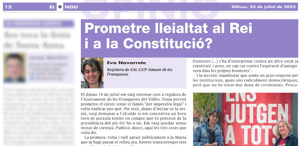 Capçalera de l'article d'opinió sobre prometre lleialtat al Rei i a la Constitució.